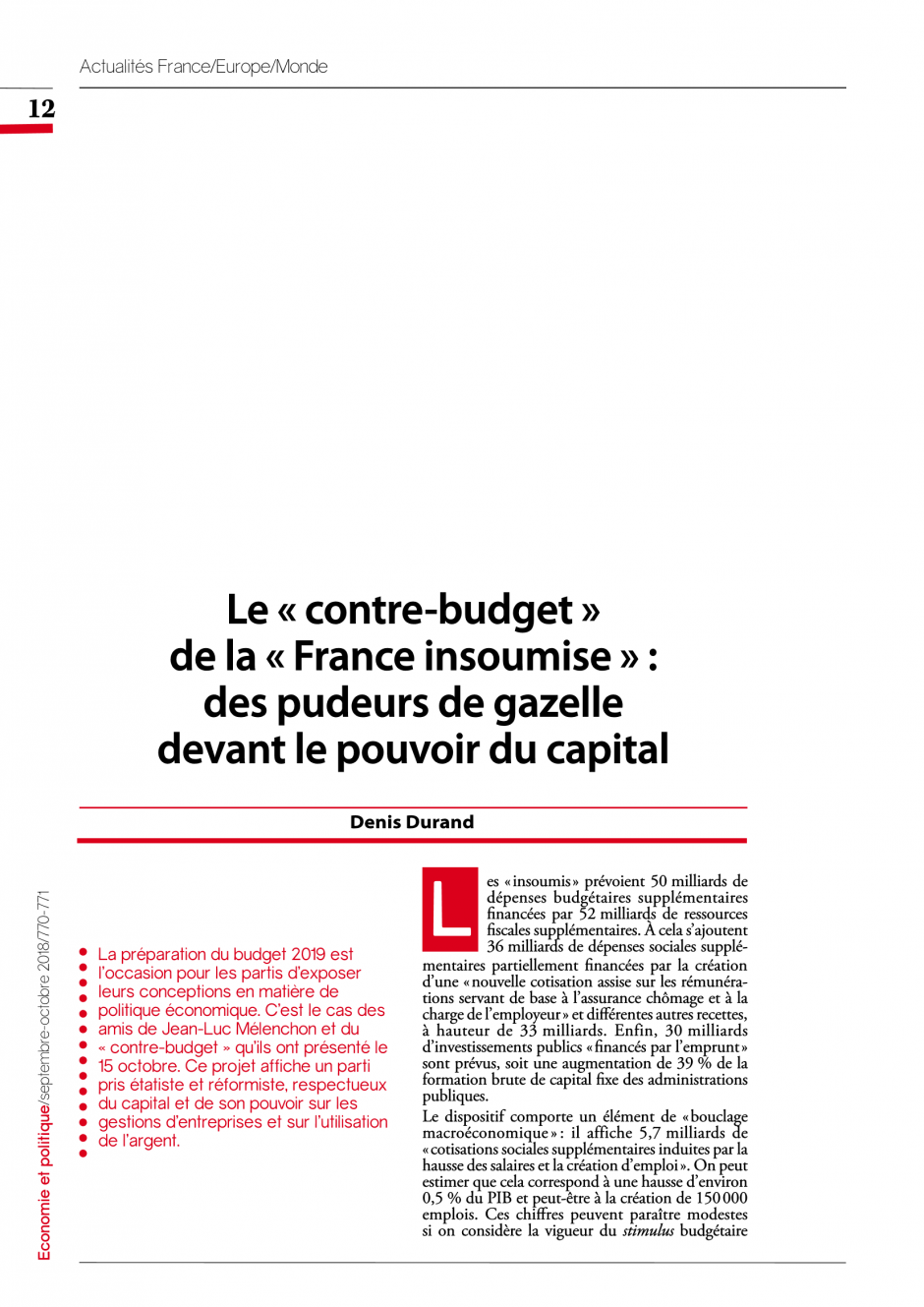 Le « contre-budget » de la « France insoumise » :  des pudeurs de gazelle devant le pouvoir du capital