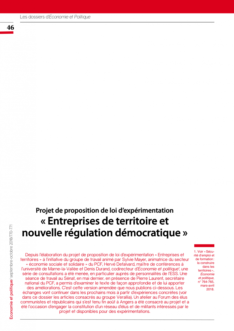 Projet de proposition de loi d’expérimentation « Entreprises de territoire et nouvelle régulation démocratique »
